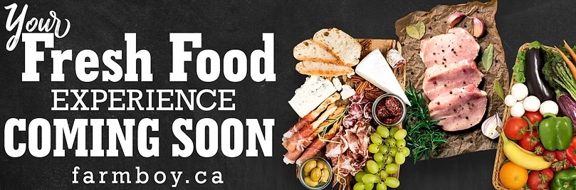 Farm Boy fresh food campaign with a food spread and bold white typography