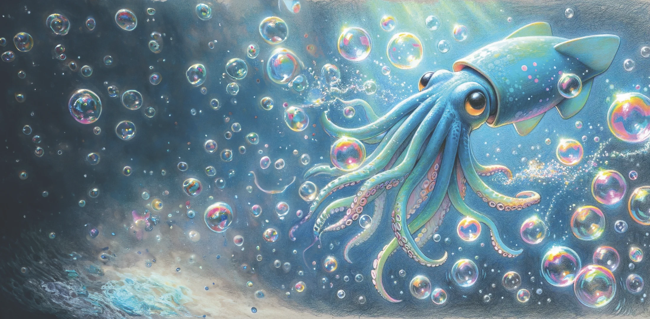 A friendly blue Chopo surrounded by shimmering bubbles
