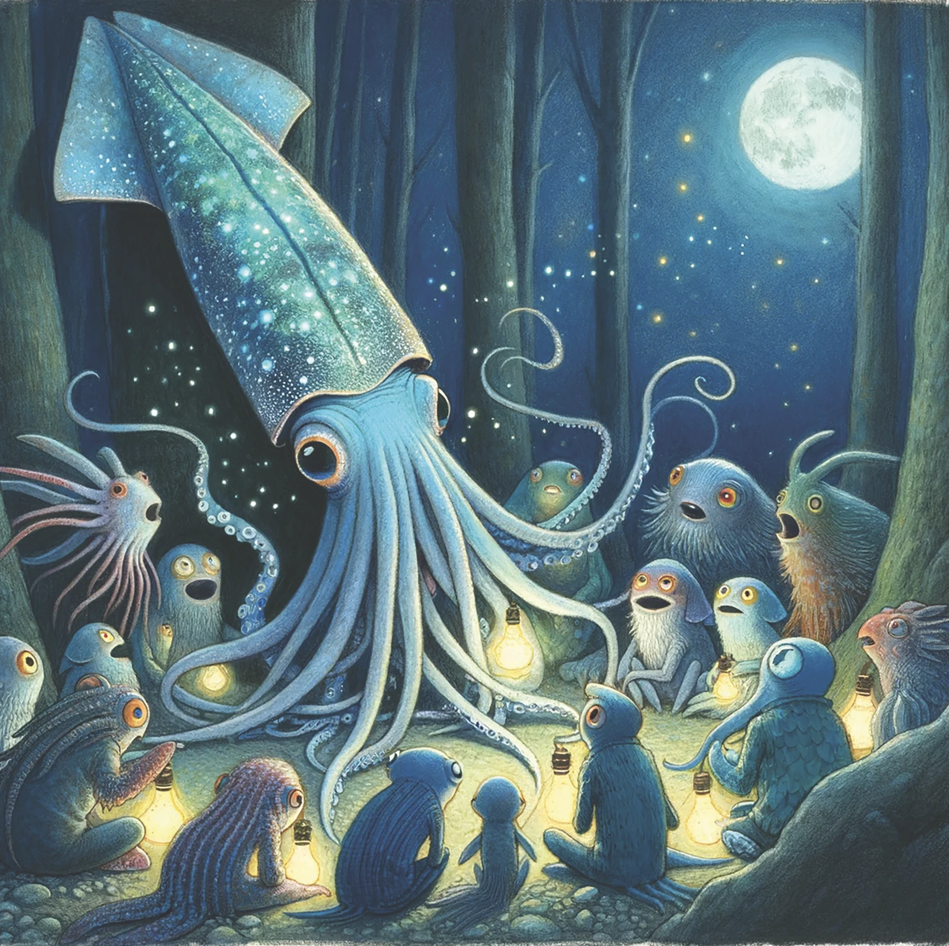 Chopo surrounded by small sea creatures under moonlight