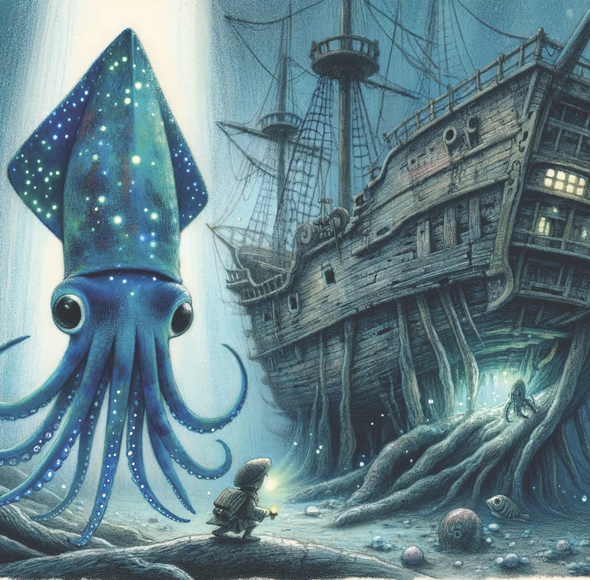Chopo beside a vast submerged wooden ship