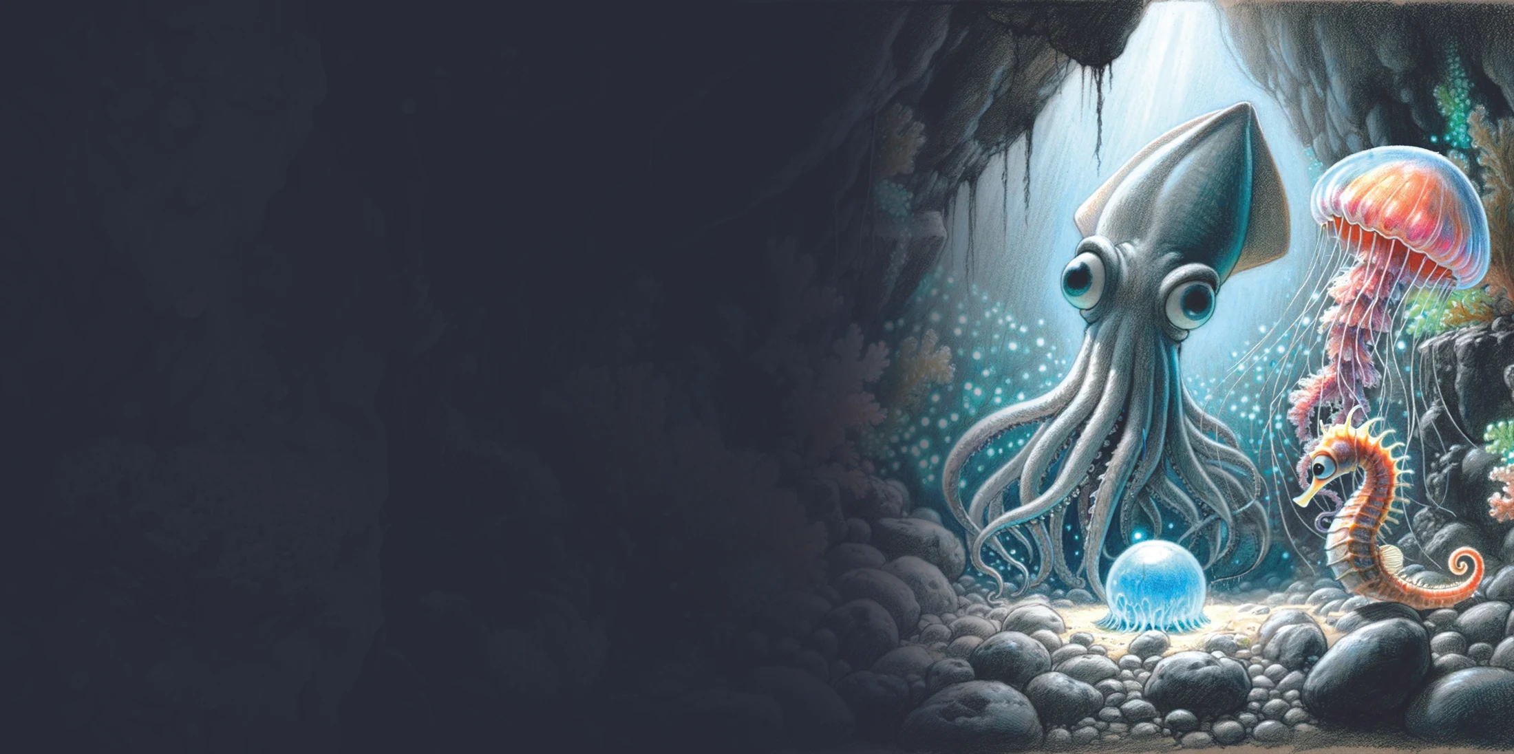 Chopo, a jellyfish and a seahorse beside a glowing pearl