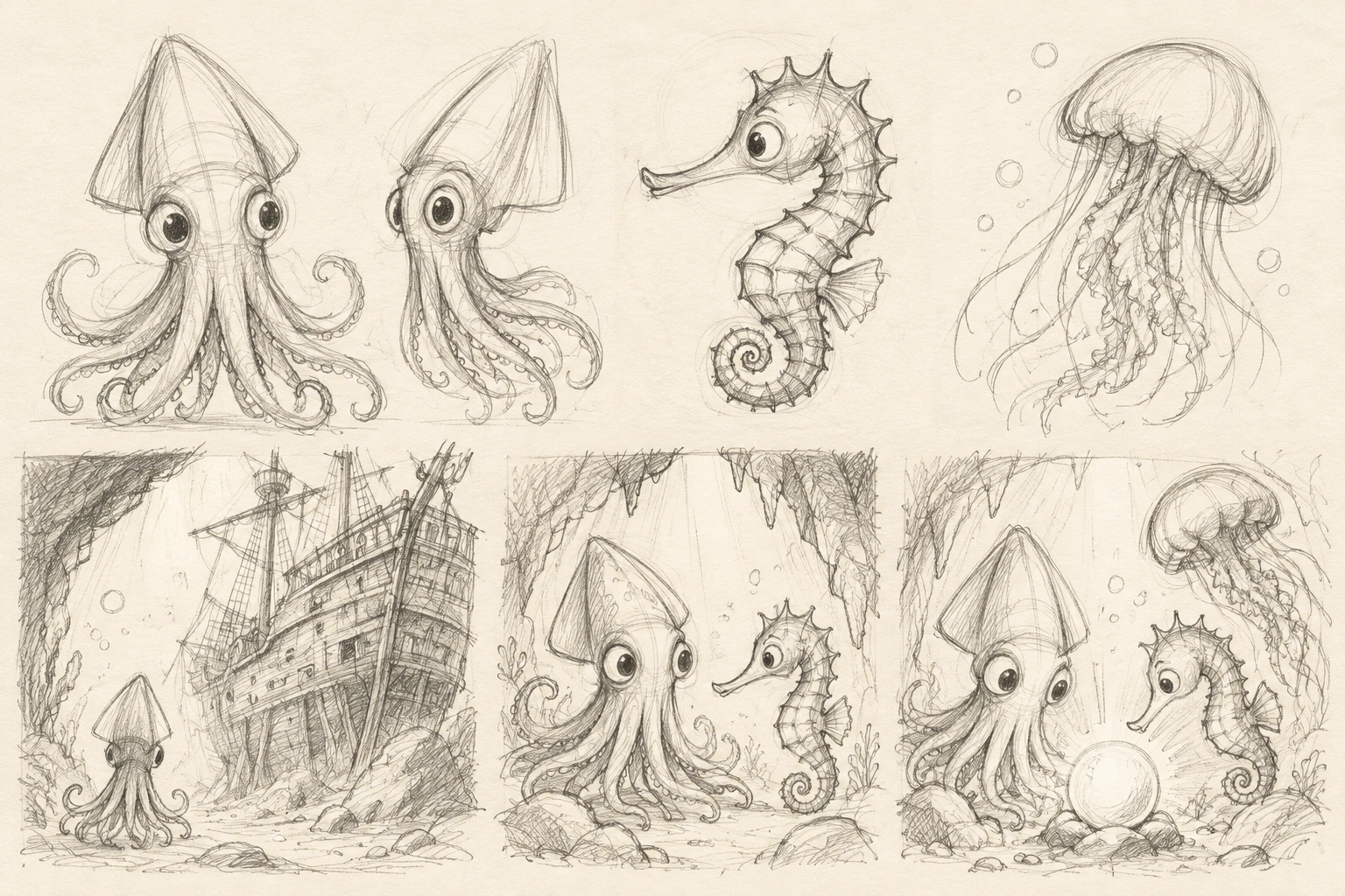 Six very rough graphite studies exploring Chopo, seahorse, jellyfish, shipwreck, cave and pearl