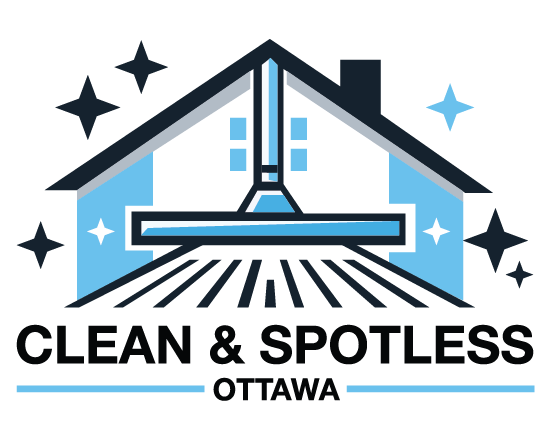 Clean and Spotless Ottawa logo: house, cleaning tool and sparkles in light blue and dark navy