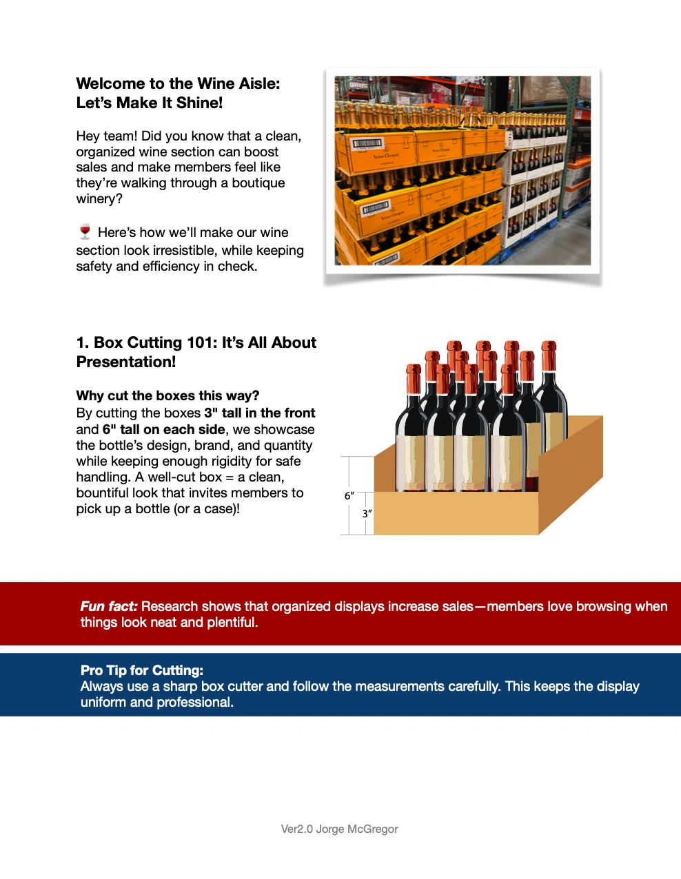 Two-column procedure page with display photograph, box-cutting diagram and red and blue callout bars