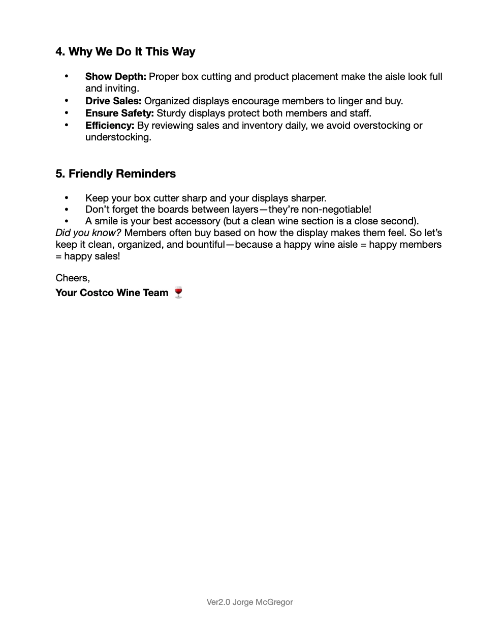Document page summarizing the rationale and friendly reminders for the wine team