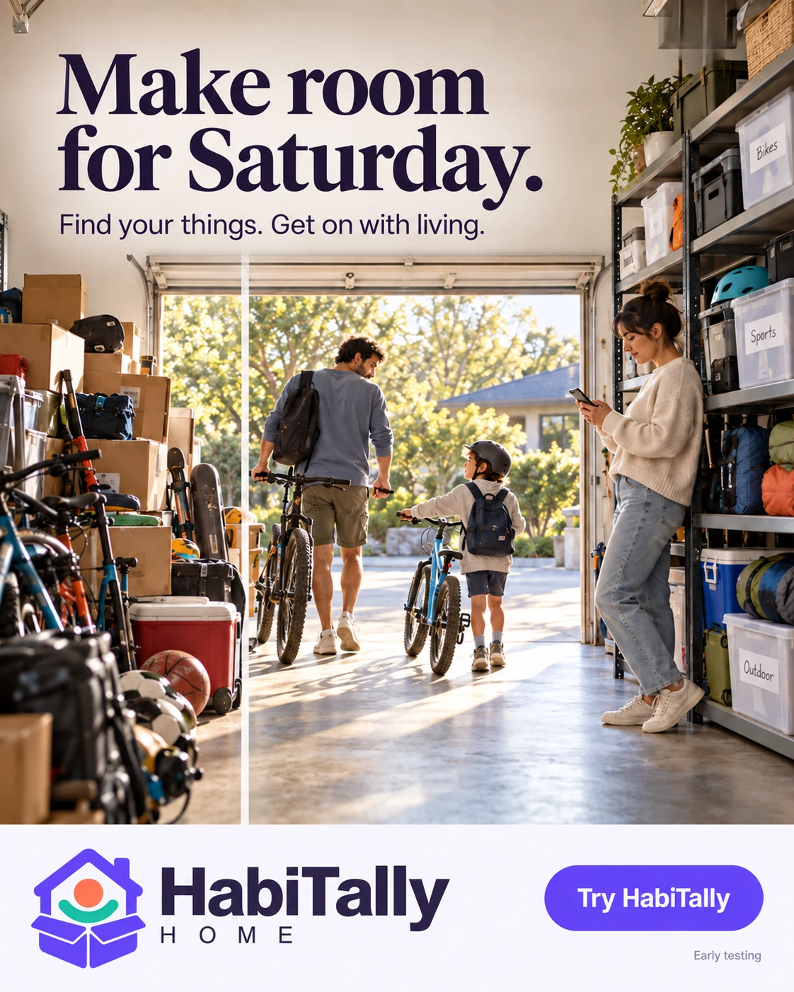 Make room for Saturday — AI-generated family scene in an organized garage