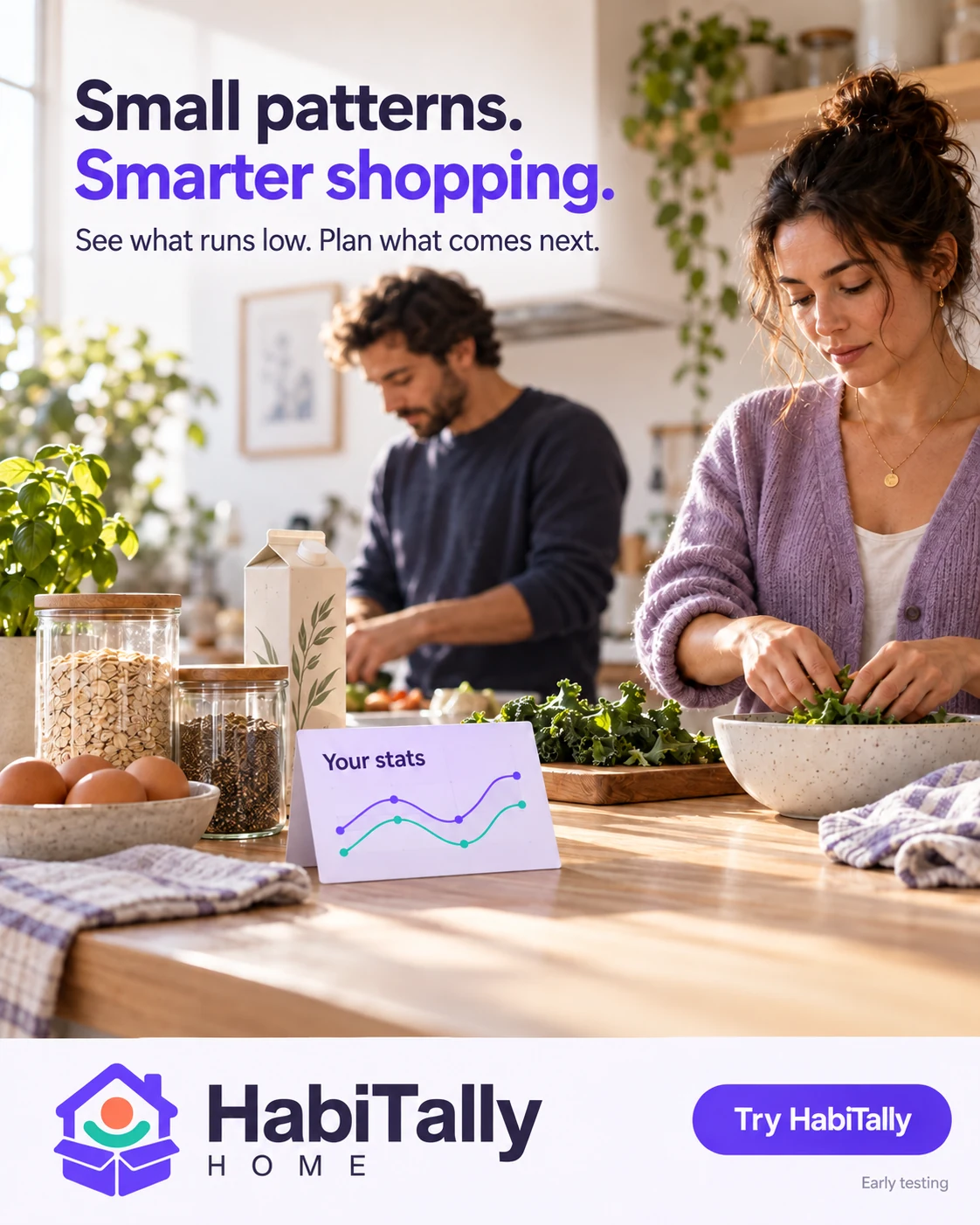Small patterns Smarter shopping — AI-generated kitchen scene with an illustrative chart