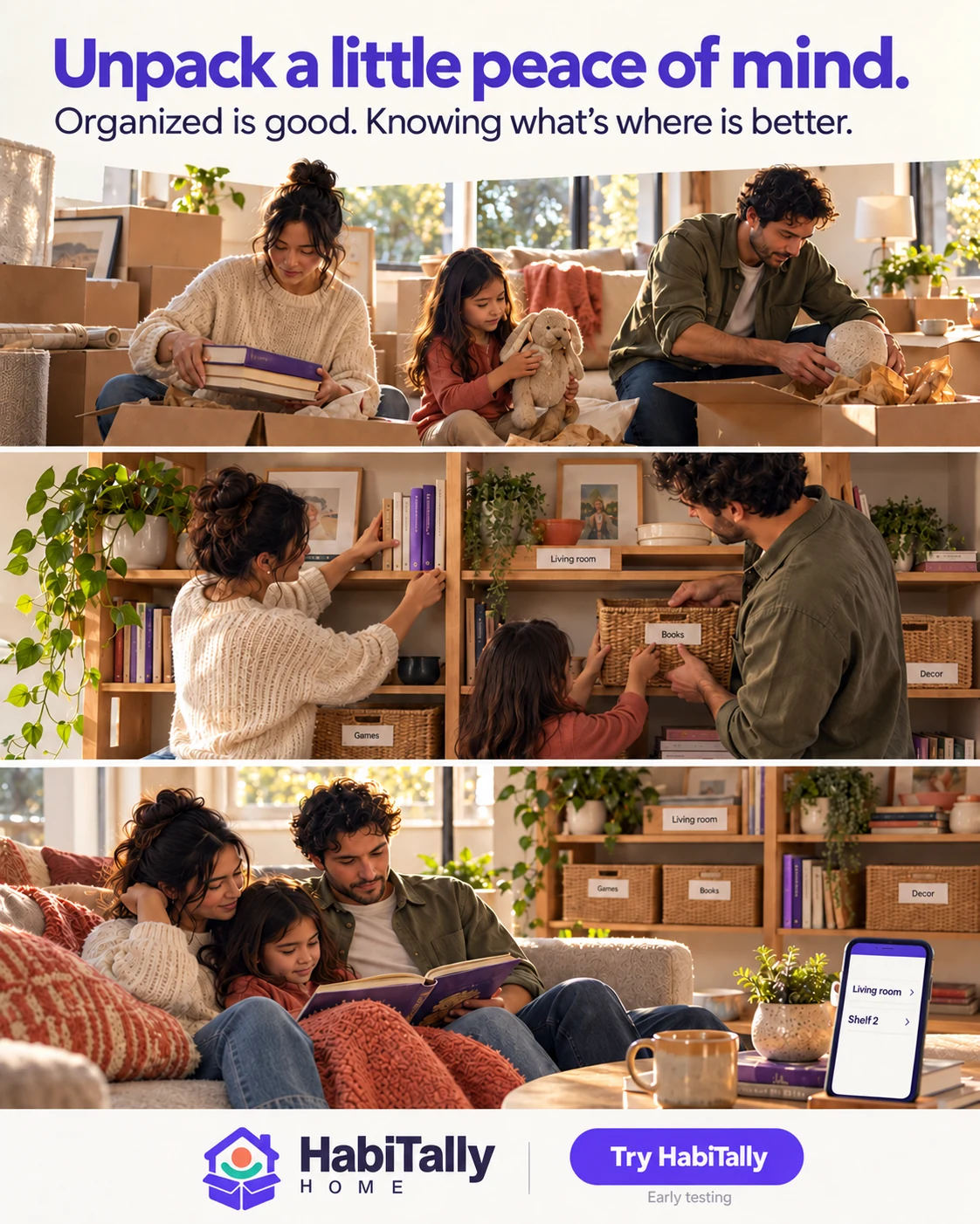 Unpack a little peace of mind — AI-generated collage of organized home moments