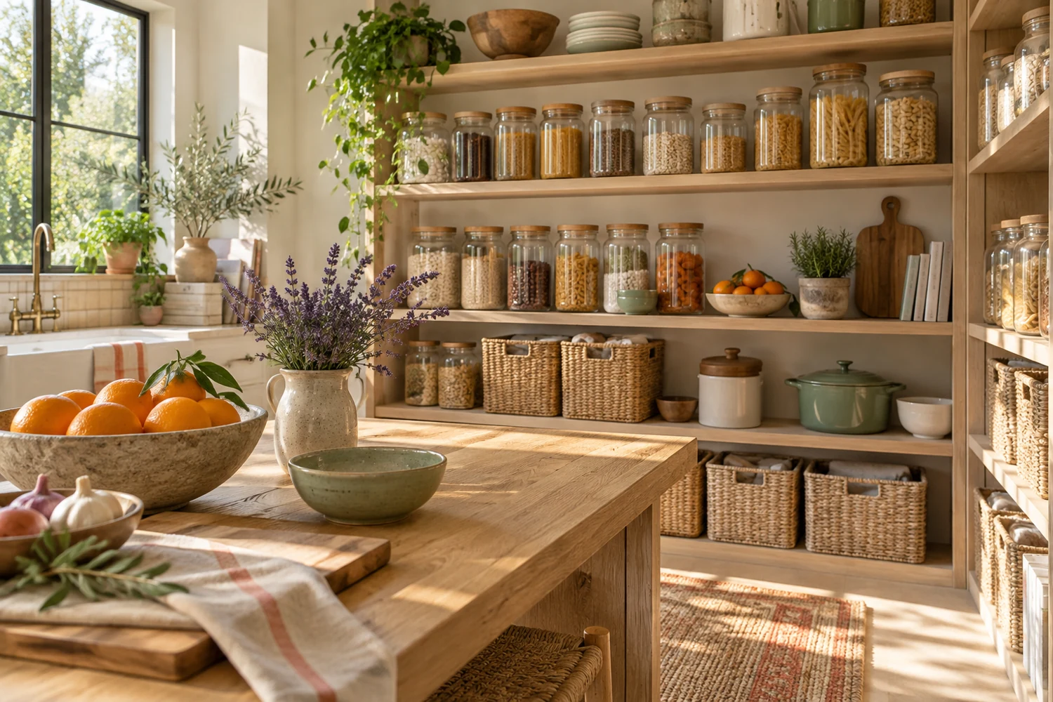 AI-generated editorial image of an organized sunlit pantry