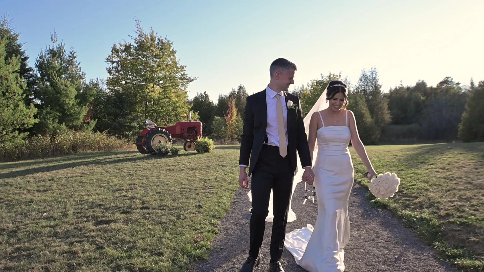 Kevin and Jodie walking together in a field, from their wedding film